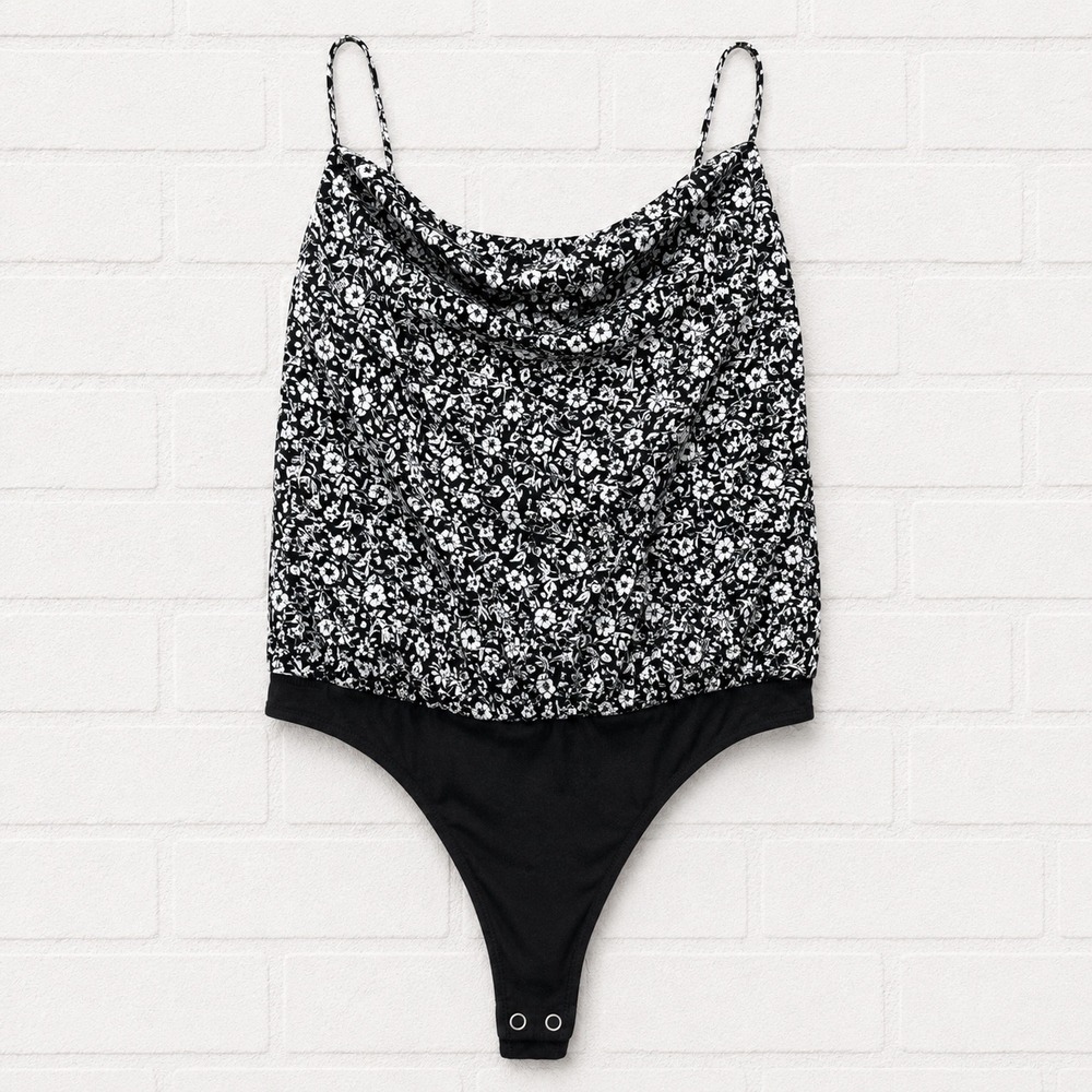 Abercrombie‎ & Fitch A&F Floral Cowl Neck Bodysuit Black White Small Y2K Revival